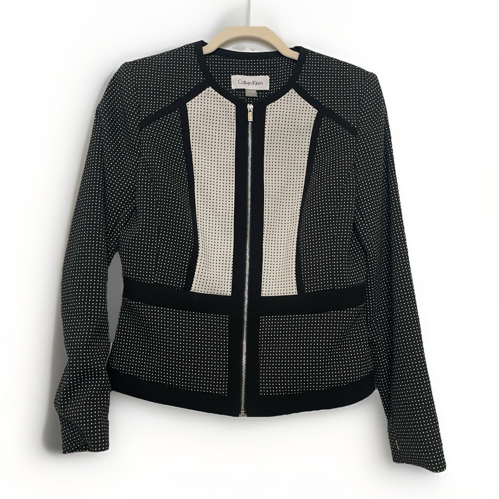 Calvin Klein Women's Black White Polka Dot Jacket 6 - Stylish Zip Front Blazer